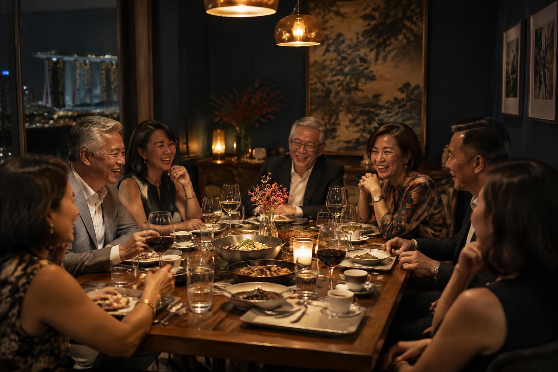 Eight guests in conversation around a candlelit dinner table in Singapore
